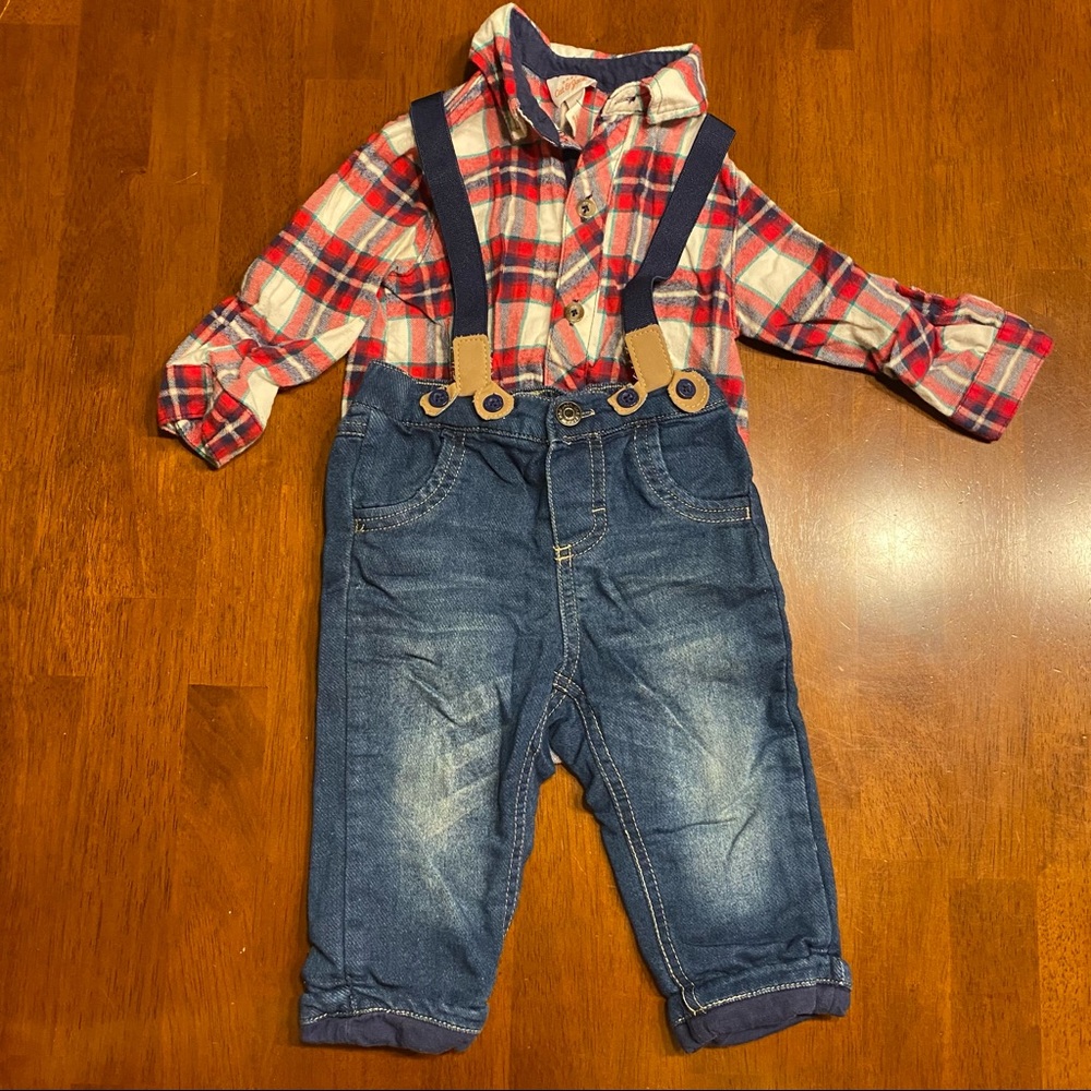 Flannel, jeans and suspender baby set